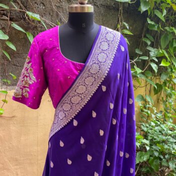 Purple Banarasi Chiffon Silk Saree: Hand Embroidered Blouse