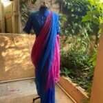 Ombré Linen Saree with Embroidered High Neck Blouse
