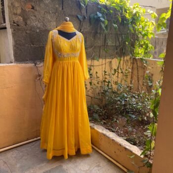 Hand embroidered Anarkali with lurex stripes  dupatta