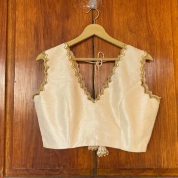 Hand Embroidered Cream Silk Blouse: Sleeveless Zardosi Maggam