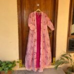 Pink lehriya Anarkali with floral long jacket