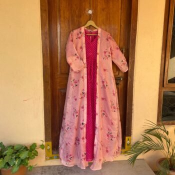 Pink lehriya Anarkali with floral long jacket