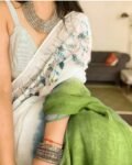 Pure linen saree with hand embroidered blouse