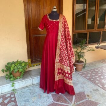 Hand embroidered Anarkali with banarasi bandhani dupatta
