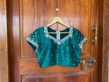 Hand Embroidered Zardosi Blouse: Green Raw Silk Saree