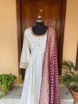 Hand Embroidered Cream Anarkali Dress with Banarasi Handloom