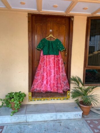 Floral Lehenga Set: Green Embroidered Crop Top, Organza