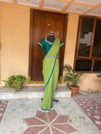 Green chiffon silk saree with hand Embroidered blouse | buti embroidered saree with ready blouse | sarees USA |green silk sare