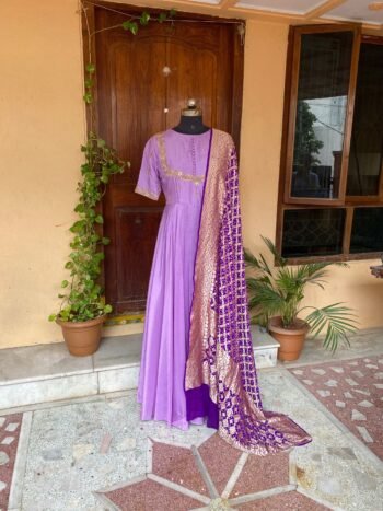 Hand embroidered Anarkali with pure bandhani dupatta