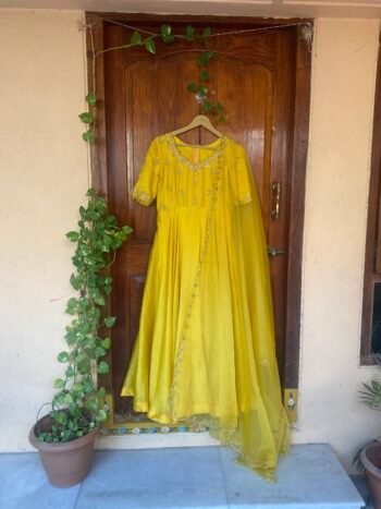 Hand embroidered Anarkali with lurex stripes  dupatta
