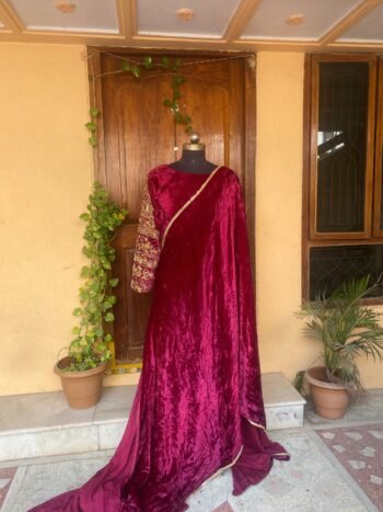 Hand Embroidered Velvet Saree with Stitched Blouse