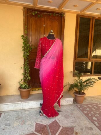 Pink georgette chiffon silk saree with hand work blouse