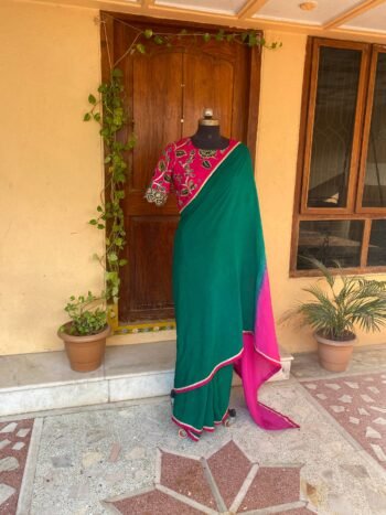 Kalamkari sari hand Embroidered blouse | green pink embroidered saree with ready blouse | kalamkari blouse with saree