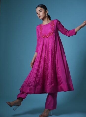 Hand Embroidered Anarkali Suit Set: Pink Purple Silk