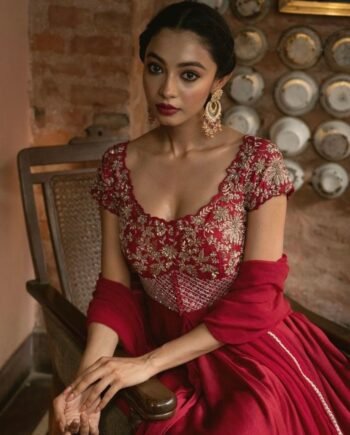 Hand embroidered red Anarkali