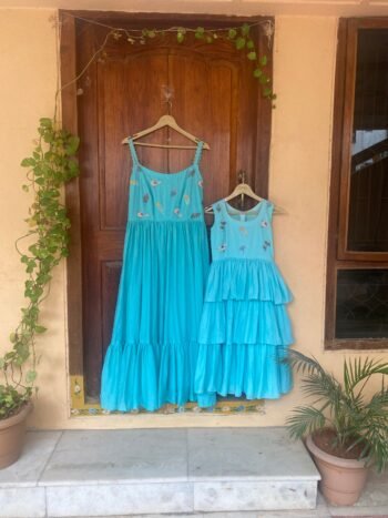 Blue Cotton Summer Dress: Hand Embroidered Straps, Mom
