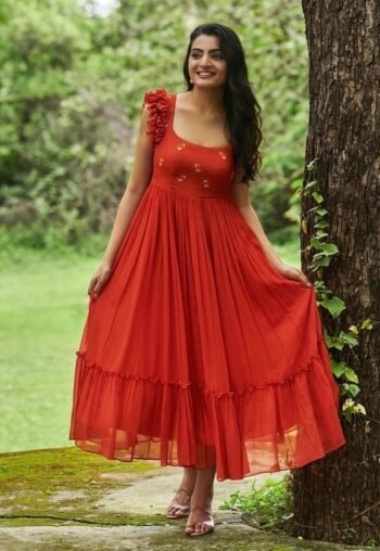 Orange Georgette Dress: Hand Embroidered Ruffle Sleeve Summer