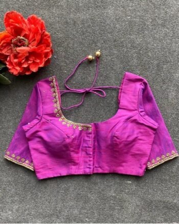 Hand Embroidered Silk Saree Blouse: Magenta Zardosi Maggam