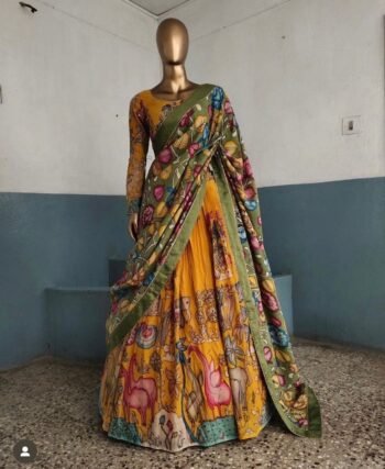 Hand-Painted Kalamkari Lehenga Set: Silk Crop Top, Wedding