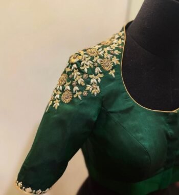 Green Silk Saree Blouse: Hand Embroidered Zardosi Maggam