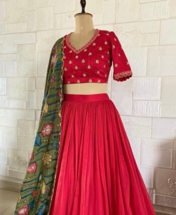 Red Kalamkari Lehenga Set: Hand-Painted Silk Crop Top,