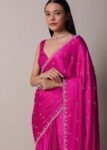 Pink Satin Silk Saree: Hand Embroidered Blouse, Sleeveless