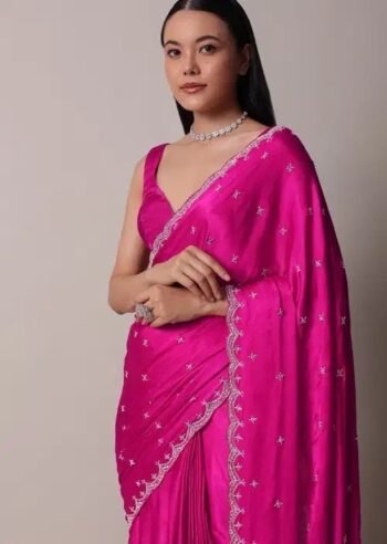 Pink Satin Silk Saree: Hand Embroidered Blouse, Sleeveless