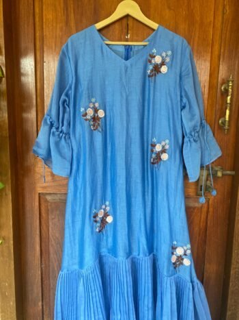 Embroidered Chanderi Cotton Dress: Blue Handloom Summer Dress