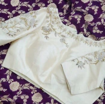 Hand Embroidered Cream Silk Blouse: Zardosi Maggam Work