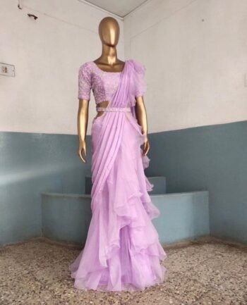 Ruffle Saree with Stitched Blouse & Embroidered Belt: