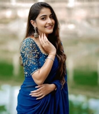 Blue silk saree with hand embroidered blouse