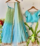 Ombre Lehenga Choli Set: Blue & Yellow Silk
