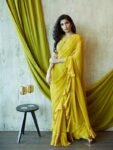 Mustard Yellow Ruffle Saree: Georgette Cocktail Sari with