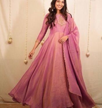 Hand embroidered pink Tissue anarkali with dupatta