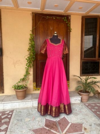 Pink Kanchi Cotton Anarkali Dress: Handloom Border, Hand-Embroidered