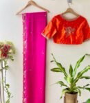 pure silk pink sari set with hand embroidery blouse