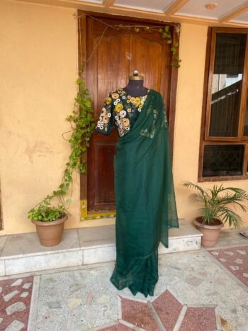 pure silk green sarimulticolor hand embroidery blouse
