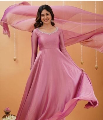 Hand embroidered pink Tissue anarkali with dupatta