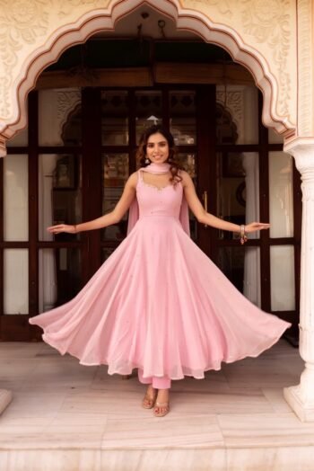 Hand embroidered pink Anarkali with dupatta