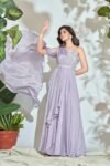 Lavender Draped Maxi Dress: Hand Embroidered Saree Gown