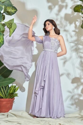 Lavender Draped Maxi Dress: Hand Embroidered Saree Gown