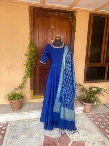 Hand embroidered Anarkali with chanderi handloom  dupatta
