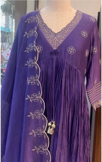 Hand embroidered purple Kurta with dupatta