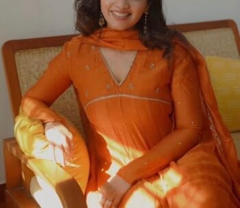 Hand embroidered orange Anarkali with dupatta