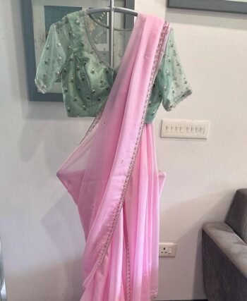 Light Pink chiffon silk saree with hand Embroidered blouse