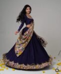 Hand-Painted Kalamkari Lehenga Set: Blue Crepe Silk Crop