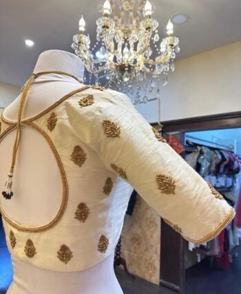 Cream Silk Saree Blouse: Hand Embroidered Zardosi Maggam