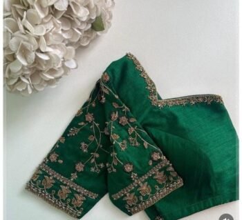 Hand Embroidered Zardosi Blouse: Green Raw Silk Maggam