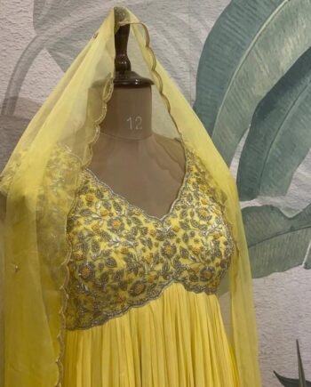 Mustard Yellow Anarkali Suit: Hand Embroidered Georgette Haldi