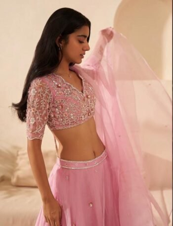Hand Embroidered Pink Lehenga Set: Organza Silk Indian